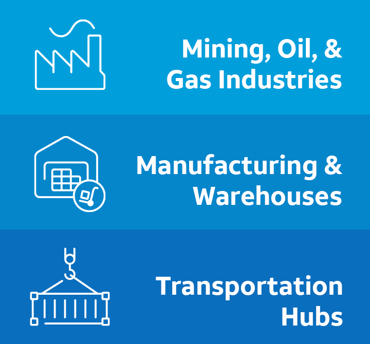 Private Cellular Network for mining, oil, and gas industries, manufacturing and warehouses, and transportation hubs.