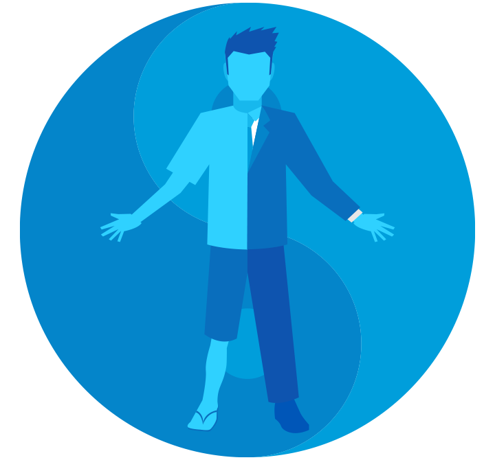 A digital art print in AT&T Blue and Dark Blue of man half wearing a suit and half wearing shorts and flip flops.