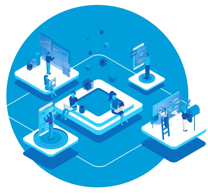 A digital art print in AT&T Blue and white of various work stations and employees working.