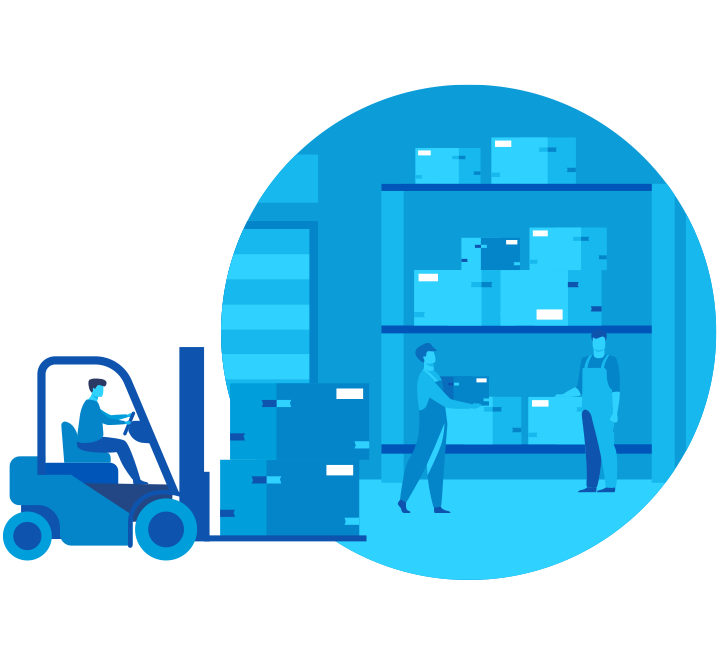 A digital art print in AT&T Blue and Dark Blue of men in warehouse operating forklift and working. 
