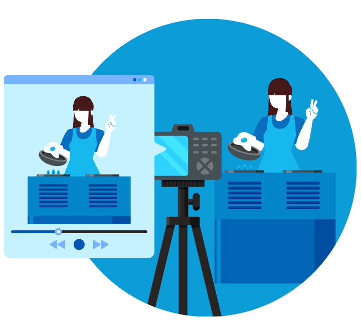 A digital art print in AT&T Blue of woman recording a cooking tutorial.