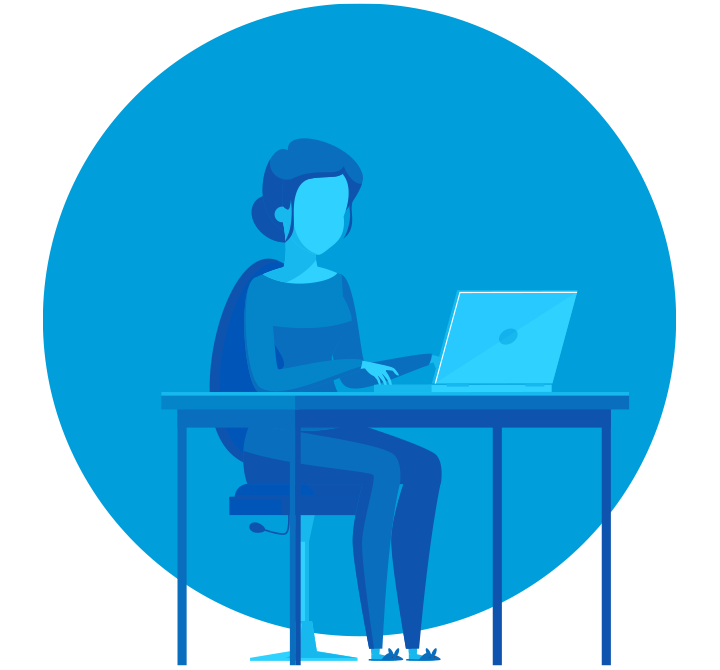 A digital art print in AT&T Blue and Dark Blue of woman sitting at table on a laptop.