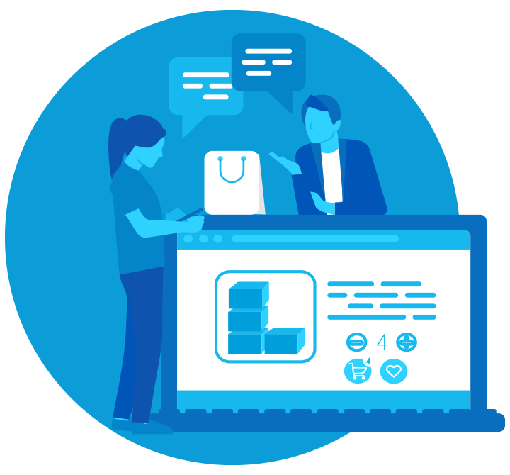 A digital art print in AT&T Blue and Dark Blue of customer service rep and shopper at counter.