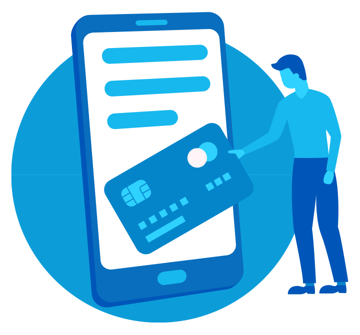 A digital art print in AT&T Blue of man online shopping on smartphone.