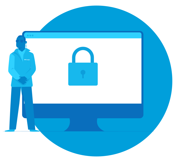 A digital art print in AT&T Blue and white of computer screen with padlock on it. 