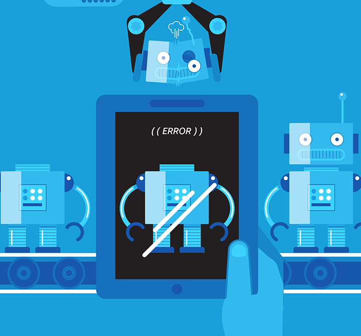 Graphic for factory of the future. Handheld device detecting defects in manufactured products.