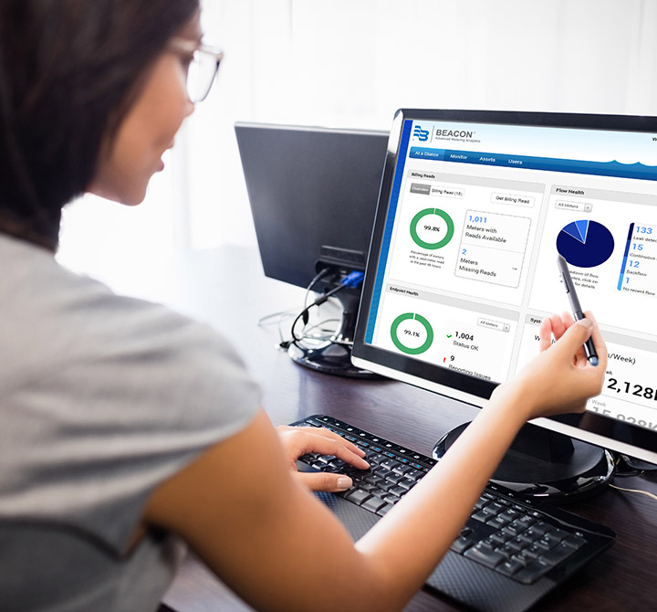 A woman on a computer is using reliable, secure connectivity provided by AT&T IoT Solutions to access her account details.