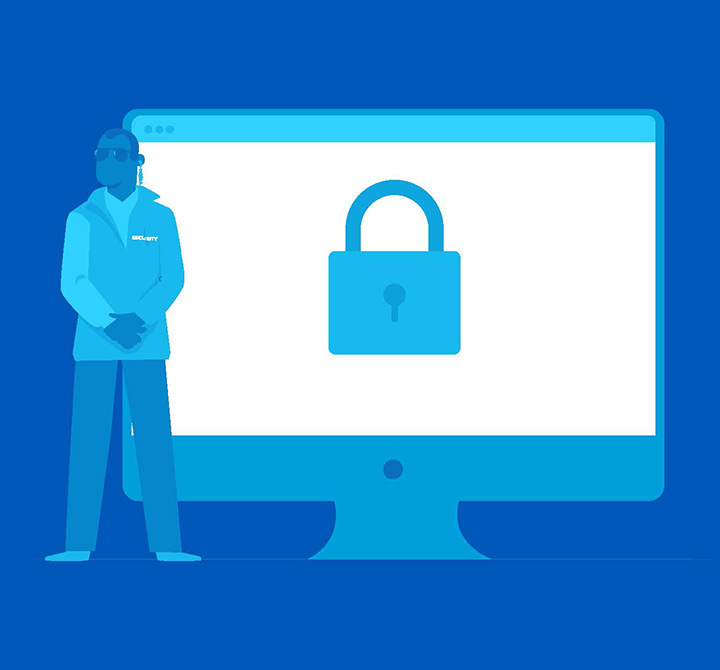 Cybersecurity graphic image of security personnel protecting a computer monitor with a security lock on the screen.